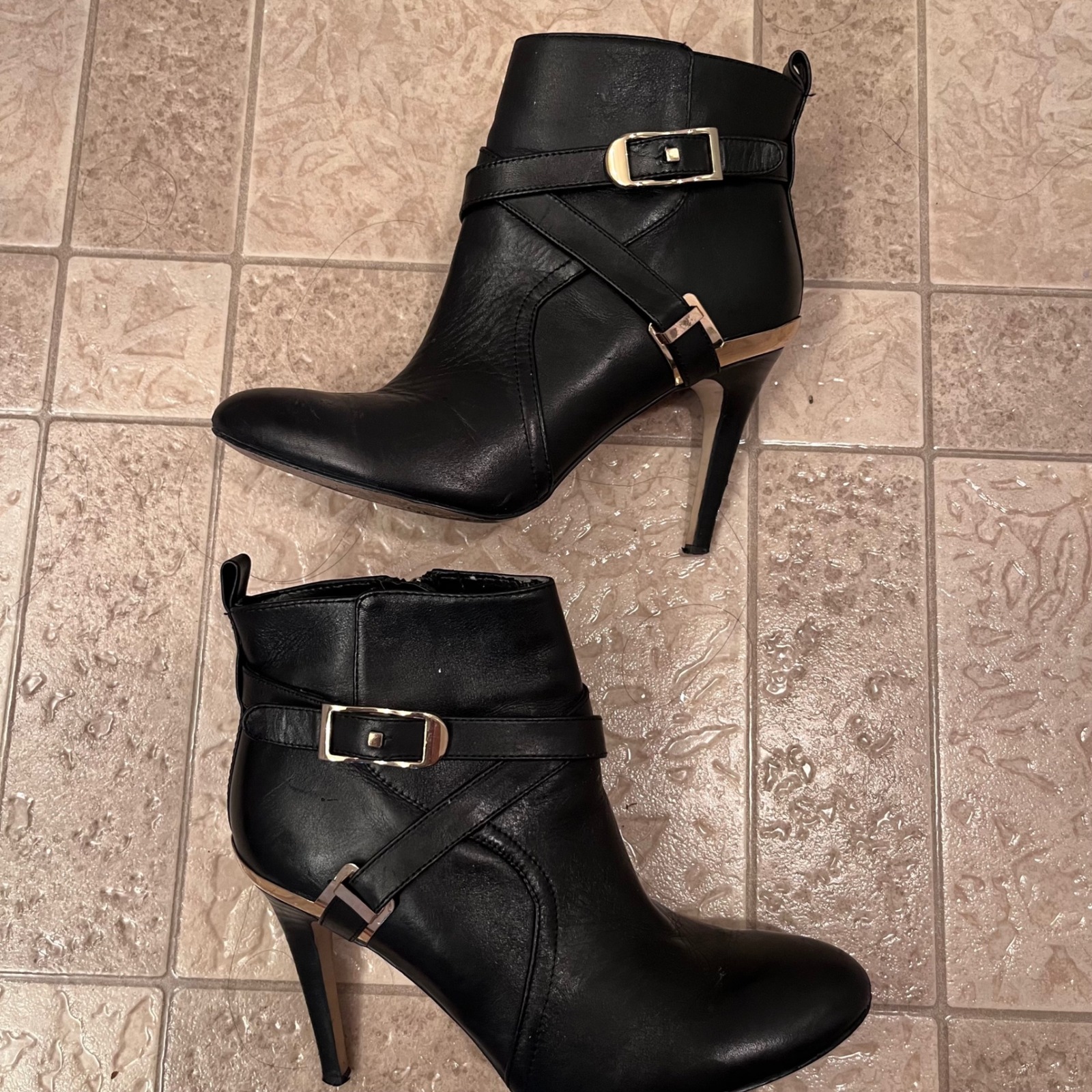 Marc Fisher Mfaprille Black Leather Gold Buckle Stiletto Ankle Boots Womens 7.5m